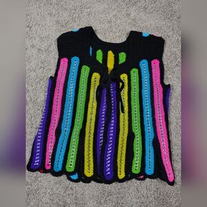 Vtg Handmade Colorful Crochet Vest With Pop Tabs Knitted Into The Yarn. L/XL
